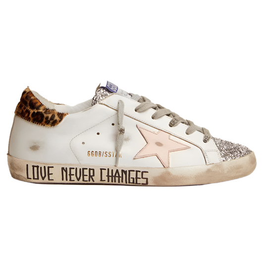 Golden Goose Superstar in silver glitter tongue and handwritten lettering on the foxing