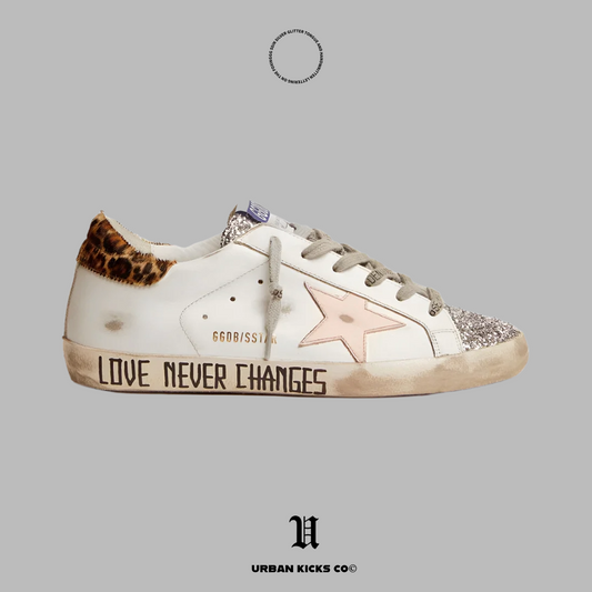 Golden Goose Superstar in silver glitter tongue and handwritten lettering on the foxing